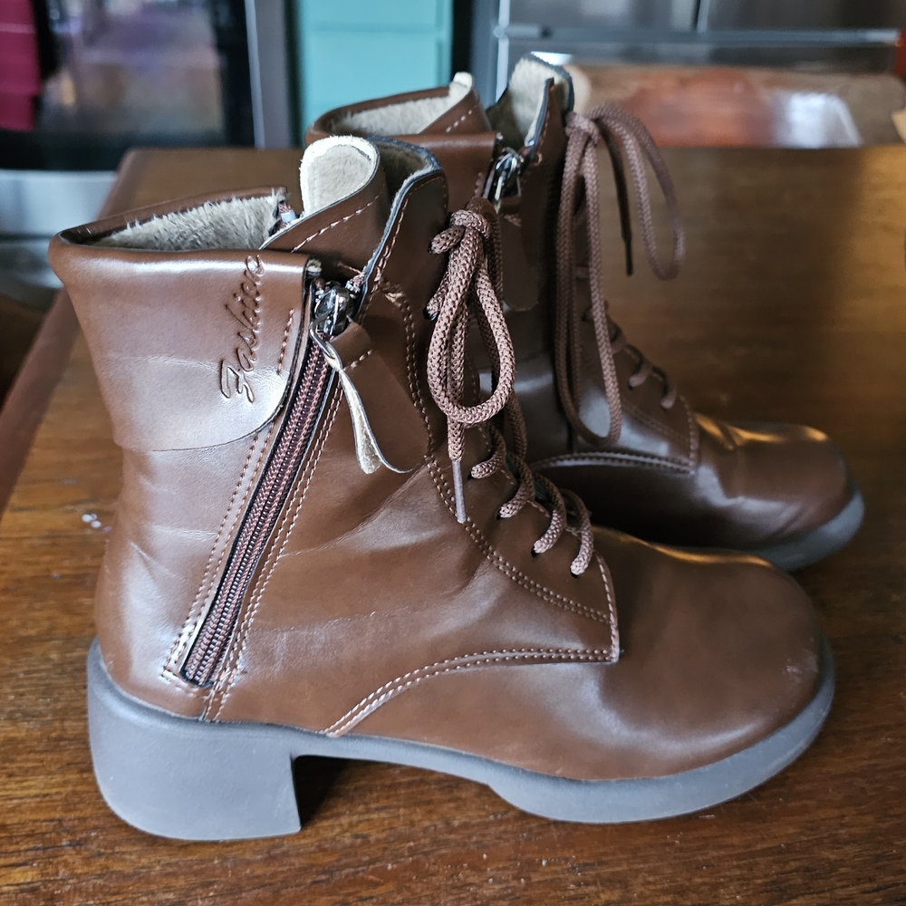 Brown Lace-Up Ankle Boots Double Zip 8